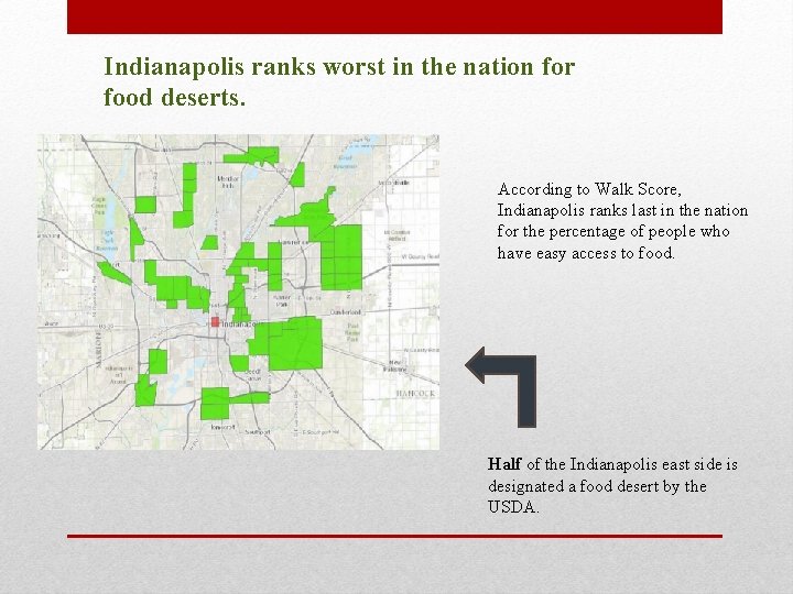 Indianapolis ranks worst in the nation for food deserts. According to Walk Score, Indianapolis