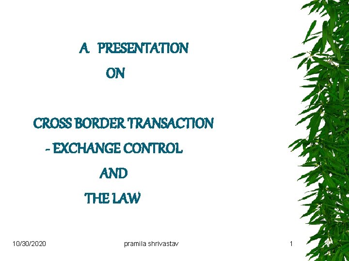  A PRESENTATION ON CROSS BORDER TRANSACTION - EXCHANGE CONTROL AND THE LAW 10/30/2020