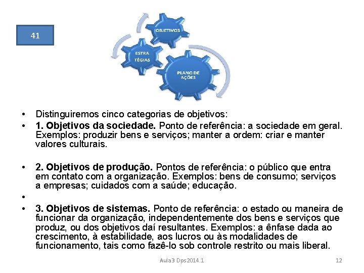 41 • • Distinguiremos cinco categorias de objetivos: 1. Objetivos da sociedade. Ponto de