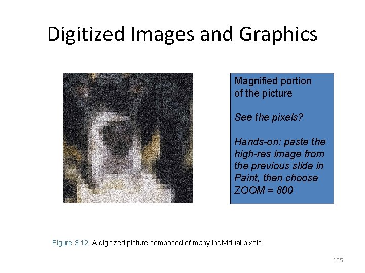 Digitized Images and Graphics Magnified portion of the picture See the pixels? Hands-on: paste