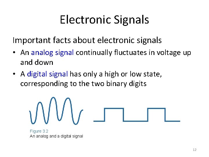 Electronic Signals Important facts about electronic signals • An analog signal continually fluctuates in
