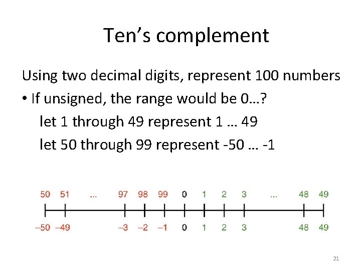 Ten’s complement Using two decimal digits, represent 100 numbers • If unsigned, the range