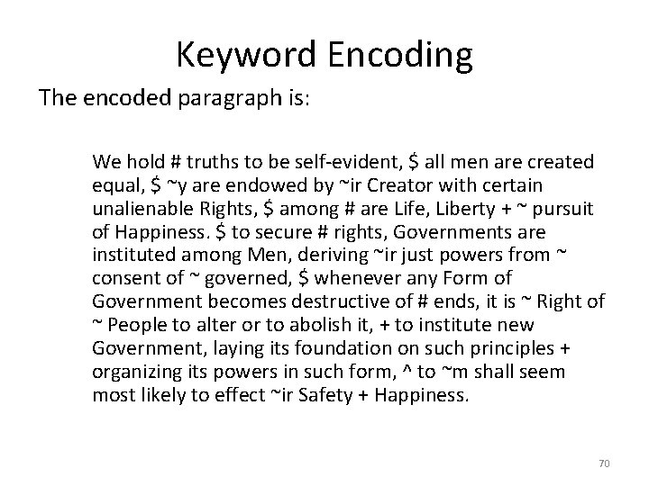 Keyword Encoding The encoded paragraph is: We hold # truths to be self-evident, $