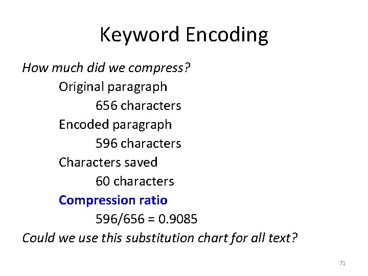 Keyword Encoding How much did we compress? Original paragraph 656 characters Encoded paragraph 596
