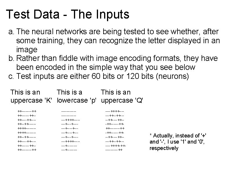 Test Data - The Inputs a. The neural networks are being tested to see