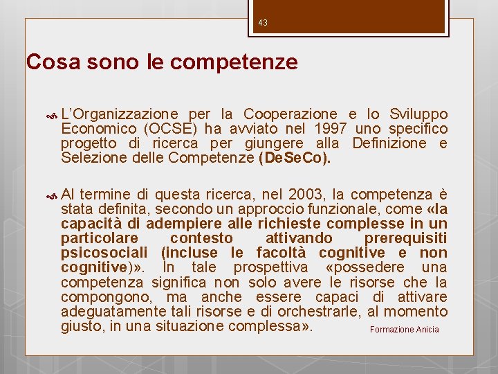 43 Cosa sono le competenze L’Organizzazione per la Cooperazione e lo Sviluppo Economico (OCSE)