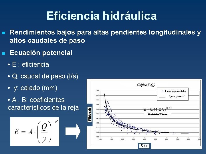 Eficiencia hidráulica n Rendimientos bajos para altas pendientes longitudinales y altos caudales de paso