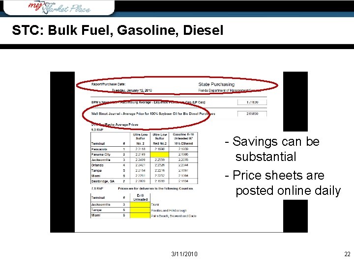 STC: Bulk Fuel, Gasoline, Diesel - Savings can be substantial - Price sheets are