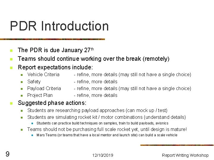 PDR Introduction n The PDR is due January 27 th Teams should continue working