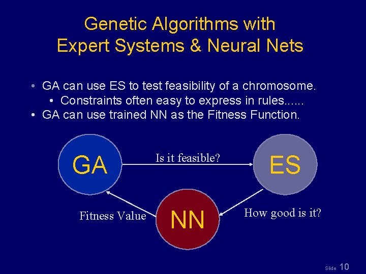 Genetic Algorithms with Expert Systems & Neural Nets • GA can use ES to