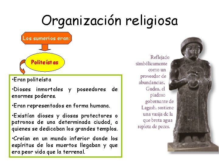 Organización religiosa Los sumerios eran: Politeístas • Eran politeísta • Dioses inmortales enormes poderes. Organización religiosa Los sumerios eran: Politeístas • Eran politeísta • Dioses inmortales enormes poderes.