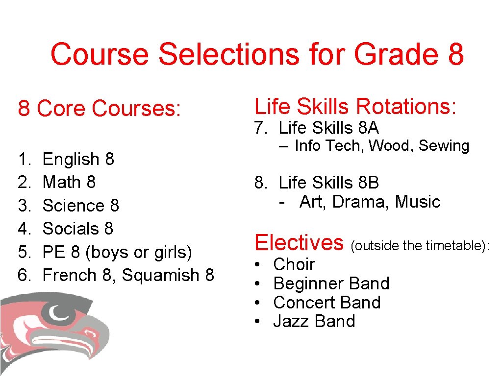 Course Selections for Grade 8 8 Core Courses: 1. 2. 3. 4. 5. 6. Course Selections for Grade 8 8 Core Courses: 1. 2. 3. 4. 5. 6.