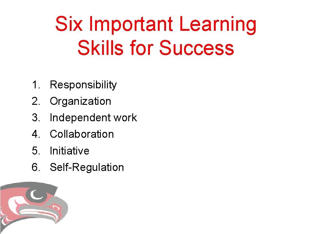 Six Important Learning Skills for Success 1. 2. 3. 4. 5. 6. Responsibility Organization Six Important Learning Skills for Success 1. 2. 3. 4. 5. 6. Responsibility Organization