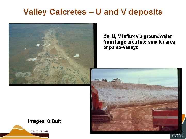 Valley Calcretes – U and V deposits Ca, U, V influx via groundwater from