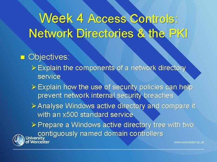 Week 4 Access Controls: Network Directories & the PKI n Objectives: Ø Explain the