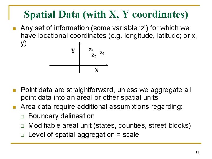 Spatial Data (with X, Y coordinates) n Any set of information (some variable ‘z’) Spatial Data (with X, Y coordinates) n Any set of information (some variable ‘z’)