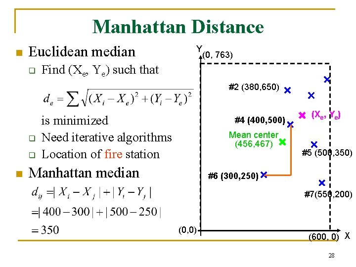Manhattan Distance n Euclidean median q Y (0, 763) Find (Xe, Ye) such that Manhattan Distance n Euclidean median q Y (0, 763) Find (Xe, Ye) such that