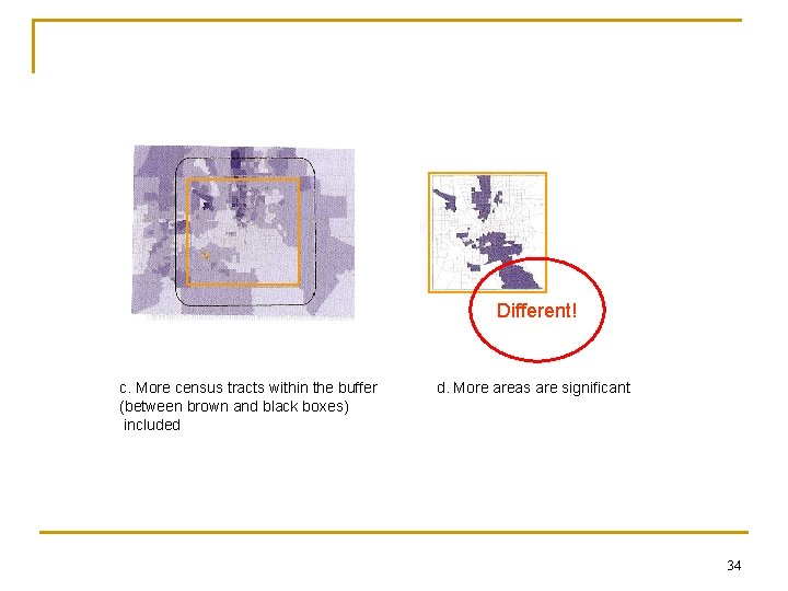 Different! c. More census tracts within the buffer (between brown and black boxes) included Different! c. More census tracts within the buffer (between brown and black boxes) included