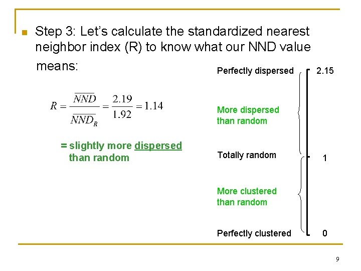 n Step 3: Let’s calculate the standardized nearest neighbor index (R) to know what n Step 3: Let’s calculate the standardized nearest neighbor index (R) to know what