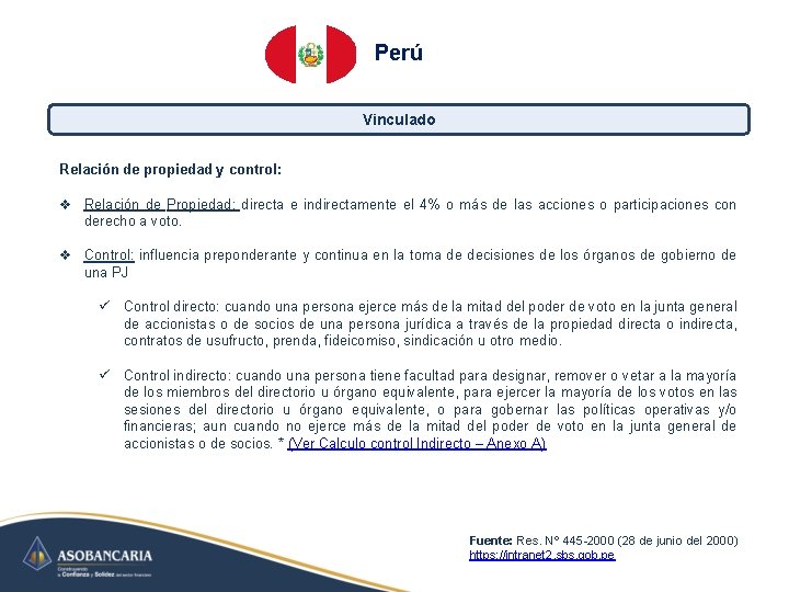 Perú Vinculado Relación de propiedad y control: v Relación de Propiedad: directa e indirectamente