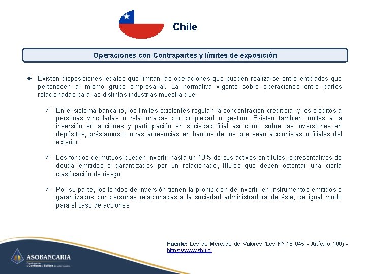 Chile Operaciones con Contrapartes y límites de exposición v Existen disposiciones legales que limitan Chile Operaciones con Contrapartes y límites de exposición v Existen disposiciones legales que limitan
