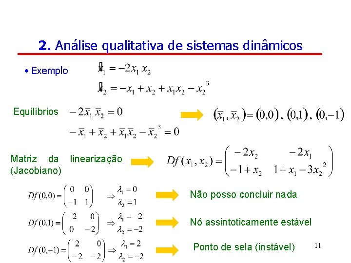 2. Análise qualitativa de sistemas dinâmicos • Exemplo Equilíbrios Matriz da linearização (Jacobiano) Não