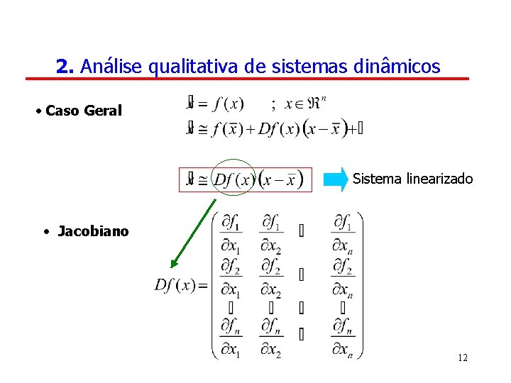 2. Análise qualitativa de sistemas dinâmicos • Caso Geral Sistema linearizado • Jacobiano 12