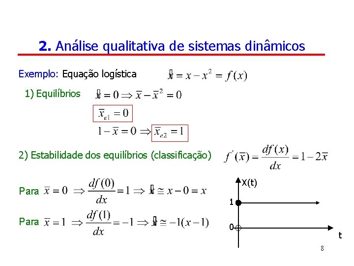 2. Análise qualitativa de sistemas dinâmicos Exemplo: Equação logística 1) Equilíbrios 2) Estabilidade dos