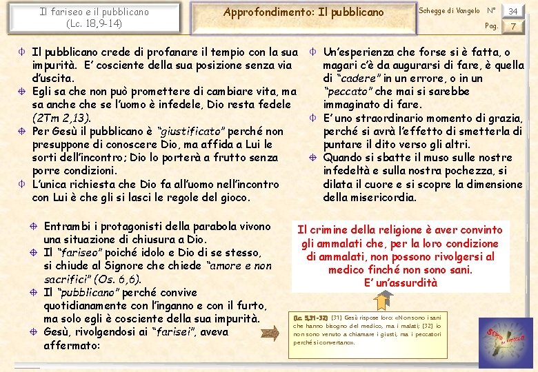 Il fariseo e il pubblicano (Lc. 18, 9 -14) Approfondimento: Il pubblicano crede di