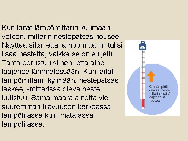 Kun laitat lämpömittarin kuumaan veteen, mittarin nestepatsas nousee. Näyttää siltä, että lämpömittariin tulisi lisää