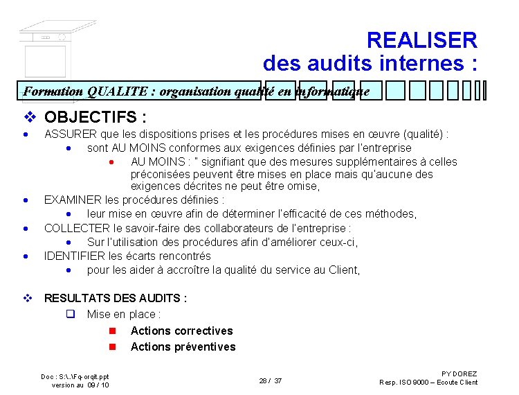 REALISER des audits internes : Formation QUALITE : organisation qualité en informatique v OBJECTIFS