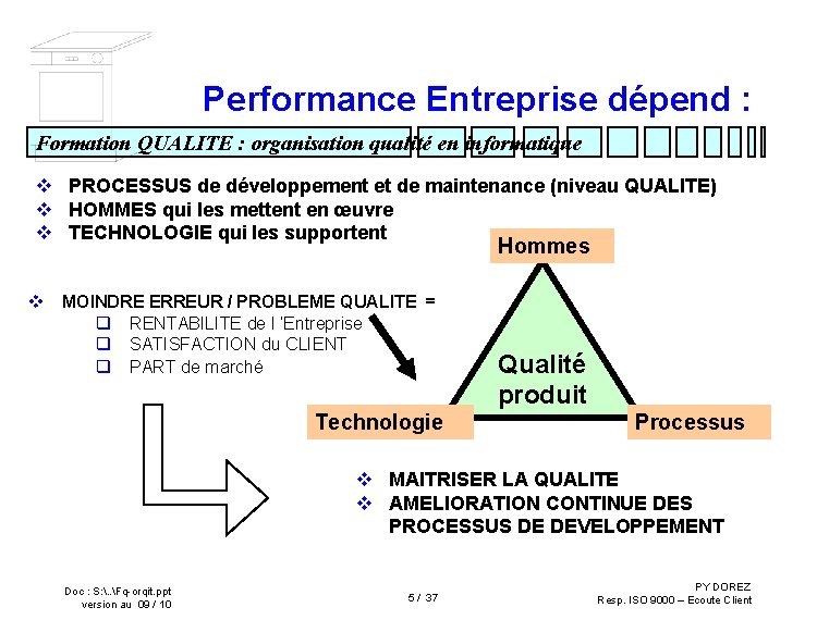 Performance Entreprise dépend : Formation QUALITE : organisation qualité en informatique v PROCESSUS de