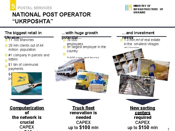 5 POSTAL SERVICES NATIONAL POST OPERATOR “UKRPOSHTA” The biggest retail in Ukraine… 11 700