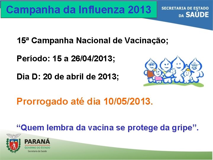 Campanha da Influenza 2013 15ª Campanha Nacional de Vacinação; Período: 15 a 26/04/2013; Dia