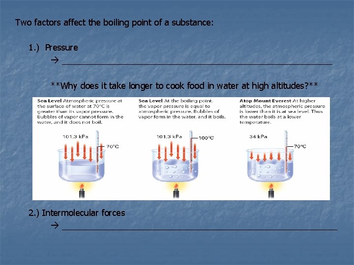 Two factors affect the boiling point of a substance: 1. ) Pressure ____________________________ **Why