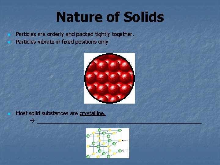 Nature of Solids n n n Particles are orderly and packed tightly together. Particles