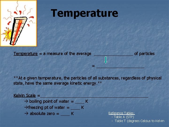 Temperature = a measure of the average _________ of particles = ___________ **At a