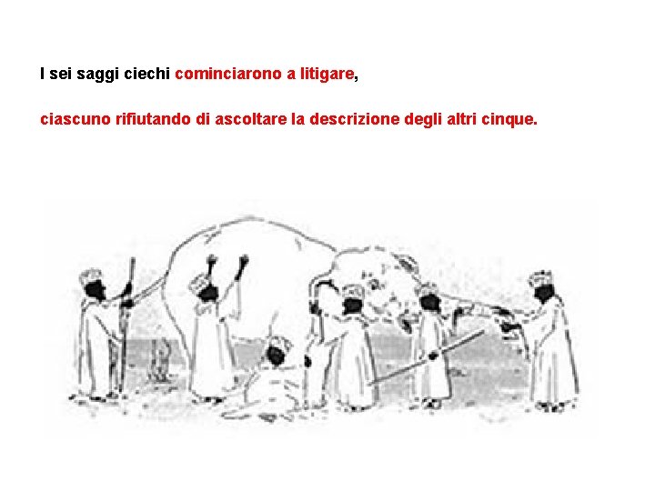 I sei saggi ciechi cominciarono a litigare, ciascuno rifiutando di ascoltare la descrizione degli