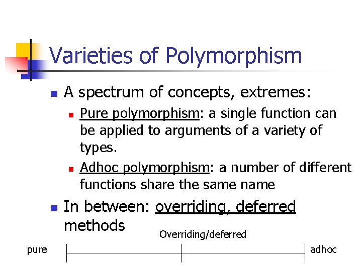 Varieties of Polymorphism n A spectrum of concepts, extremes: n n n pure Pure