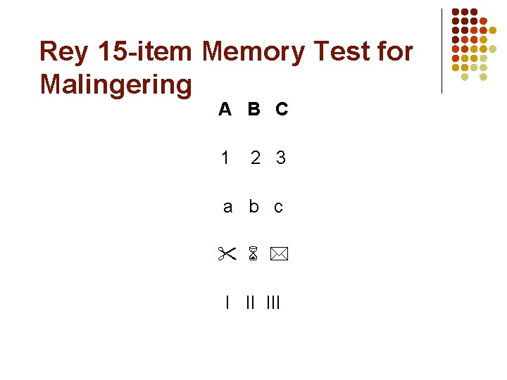 Rey 15 -item Memory Test for Malingering A B C 1 2 3 a