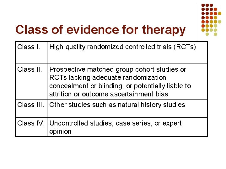 Class of evidence for therapy Class I. High quality randomized controlled trials (RCTs) Class