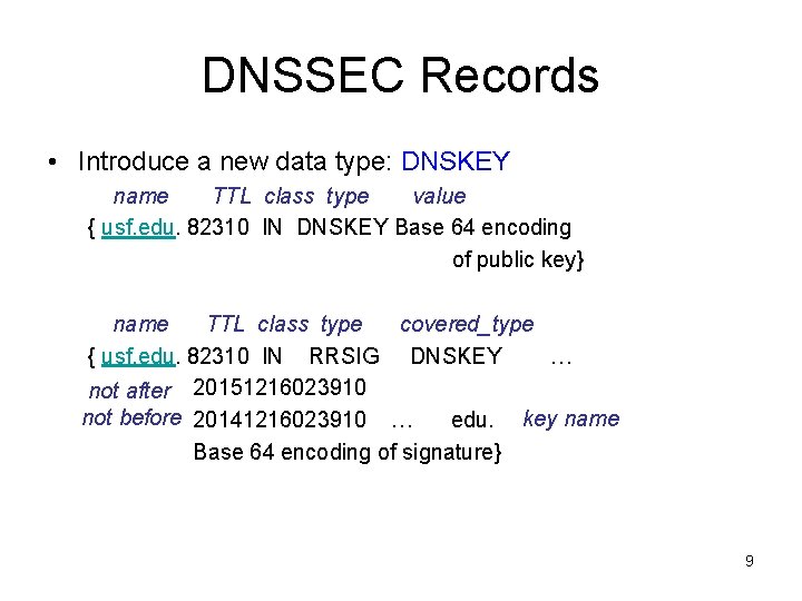 DNSSEC Records • Introduce a new data type: DNSKEY name TTL class type value DNSSEC Records • Introduce a new data type: DNSKEY name TTL class type value
