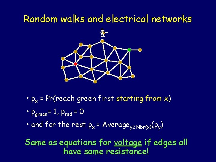 Random walks and electrical networks - • px = Pr(reach green first starting from