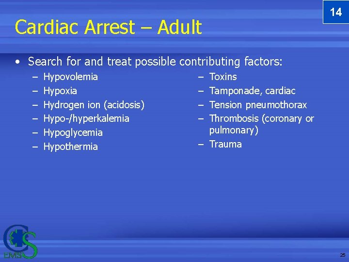Cardiac Arrest – Adult 14 • Search for and treat possible contributing factors: – Cardiac Arrest – Adult 14 • Search for and treat possible contributing factors: –