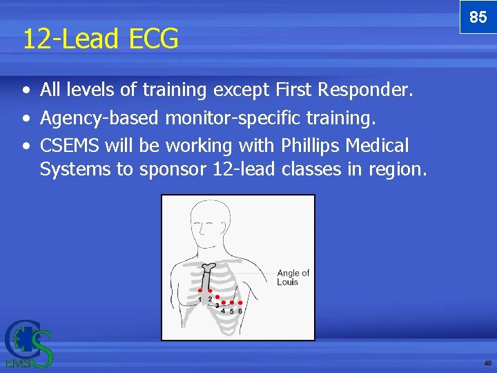 12 -Lead ECG 85 • All levels of training except First Responder. • Agency-based 12 -Lead ECG 85 • All levels of training except First Responder. • Agency-based