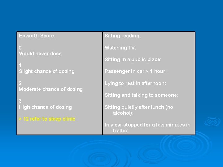 Epworth Score: Sitting reading: 0 Would never dose Watching TV: Sitting in a public