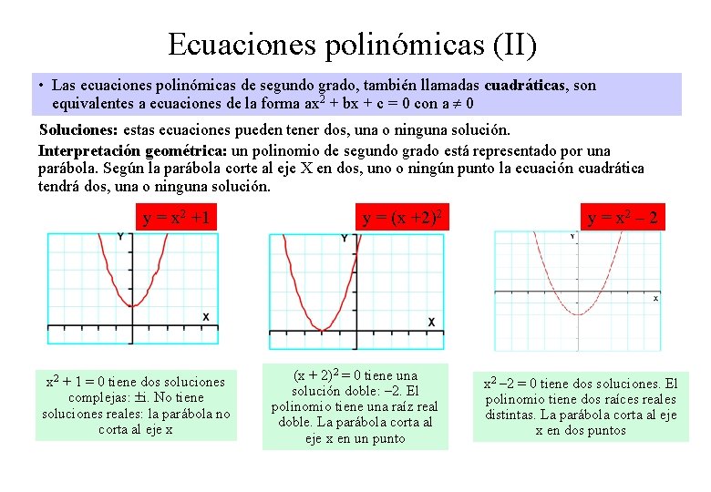 Ecuaciones polinómicas (II) • Las ecuaciones polinómicas de segundo grado, también llamadas cuadráticas, son
