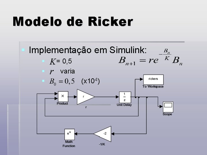 Modelo de Ricker § Implementação em Simulink: § § § = 0, 5 varia