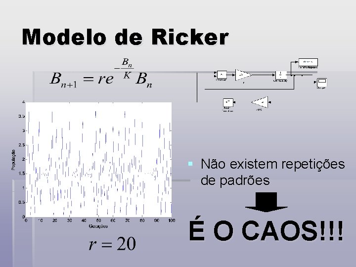 Modelo de Ricker § Não existem repetições de padrões É O CAOS!!! 