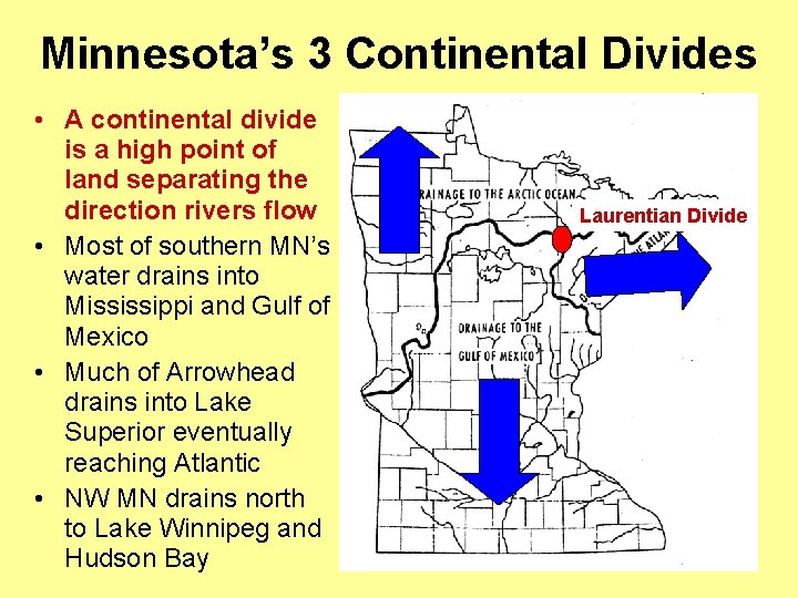 Minnesota’s 3 Continental Divides • A continental divide is a high point of land